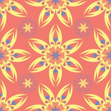 Çiçek tasarım seamless modeli. Duvar kağıtları ve Tekstil için somon kırmızı zemin üzerine parlak sarı ve mavi çiçek öğeleri