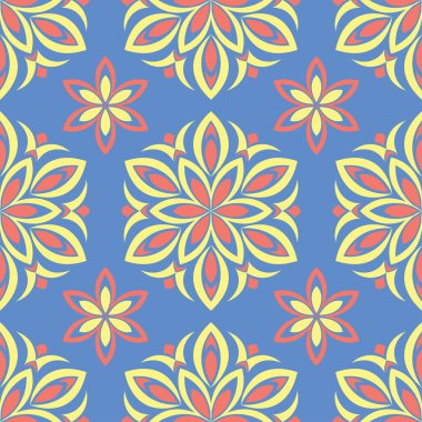 Çiçek tasarım ile mavi seamless modeli. Renkli arka plan duvar kağıtları, Tekstil ve kumaş için kırmızı sarı çiçek öğeleri ile