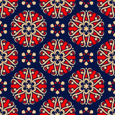 Kesintisiz mavi arka plan. Çiçek bej ve kırmızı desenli duvar kağıtları ve tekstil