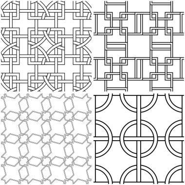 Geometrik desenler. Siyah beyaz tek renkli kesintisiz arka planlar kümesi. Vektör çizim
