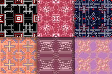 Kesintisiz geometrik desenler. Tekstil, kumaş veya duvar kağıtları için renkli arka planlar topluluğu