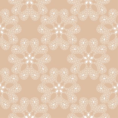 Bej renkli arka plan üzerinde beyaz çiçek süsleme. Tekstil ve duvar kağıtları için seamless modeli