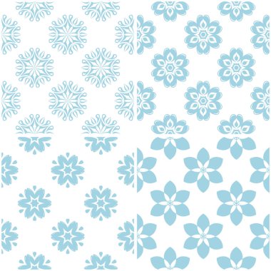 Çiçek desenleri. Beyaz ışık mavi öğeleri kümesi. Sorunsuz arka planlar. Vektör çizim