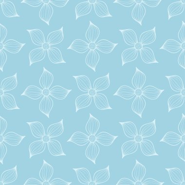 Mavi zemin üzerine beyaz çiçek desenli. Tekstil ve duvar kağıtları için sorunsuz süsleme