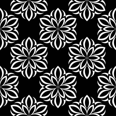 Siyah arka plan üzerine beyaz çiçekler. Tekstil ve duvar kağıtları için süs seamless modeli