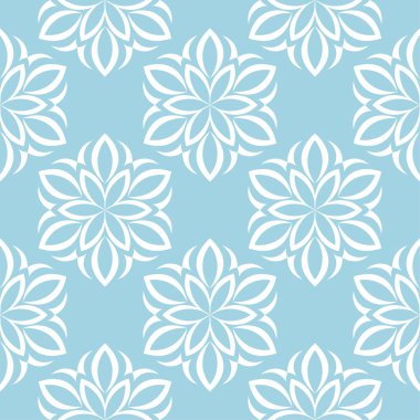 Mavi zemin üzerine beyaz çiçekler. Tekstil ve duvar kağıtları için süs seamless modeli