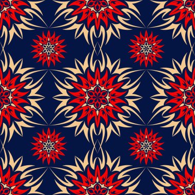 Çiçek seamless modeli. Duvar kağıtları, Tekstil ve kumaş için renkli kırmızı ve mavi arka plan