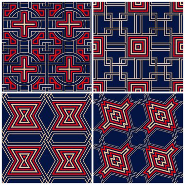 Sorunsuz arka planlar. Mavi klasik bej ve kırmızı duvar kağıtları, Tekstil ve kumaş için geometrik desenlerle ayarlar