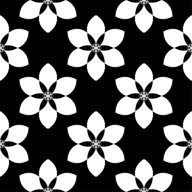 Siyah arka plan üzerine beyaz çiçek süsleme. Tekstil ve duvar kağıtları için seamless modeli
