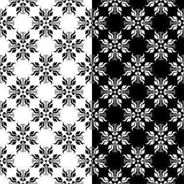 Siyah ve beyaz çiçekli süsler. Tekstil ve duvar kağıtları için sorunsuz arka planlar kümesi