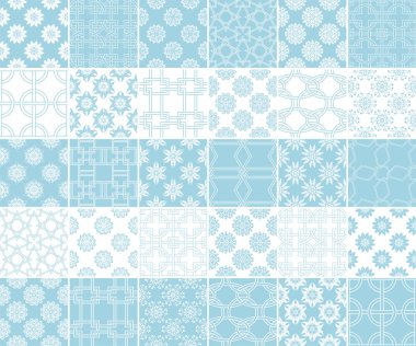 Geometrik ve bitkisel Dikişsiz desen koleksiyonu. Mavi ve beyaz arka plan Tekstil ve duvar kağıtları için