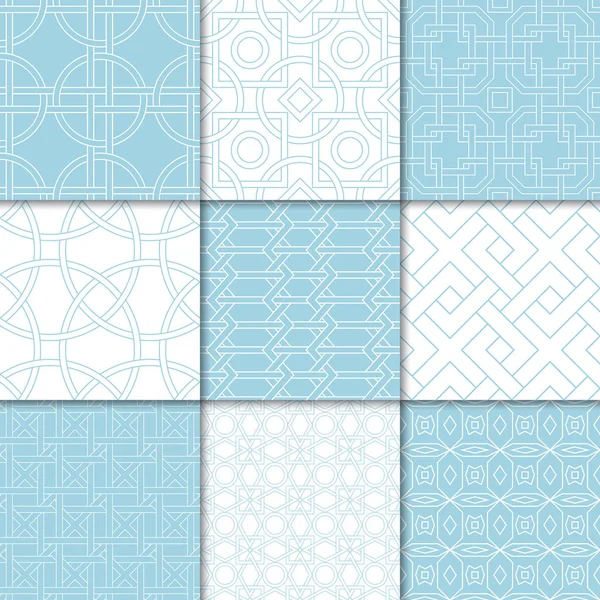 Mavi ve beyaz geometrik süsler. Web, Tekstil ve duvar kağıtları için dikişsiz desen koleksiyonu