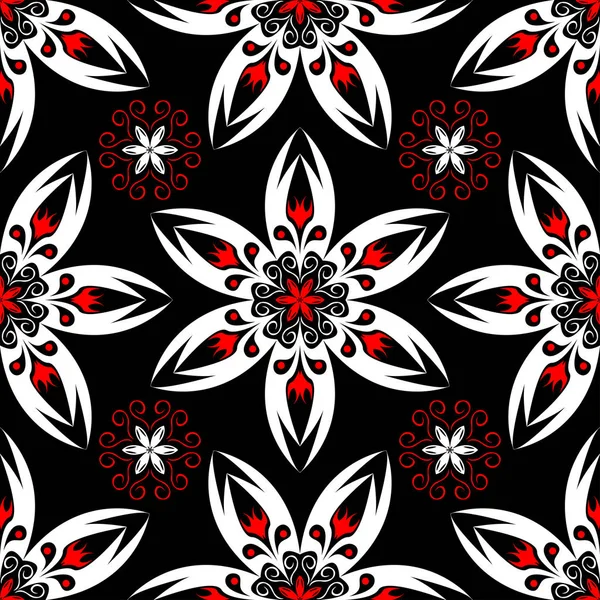 Motif Floral Sans Couture Éléments Rouges Blancs Sur Fond Noir — Image vectorielle