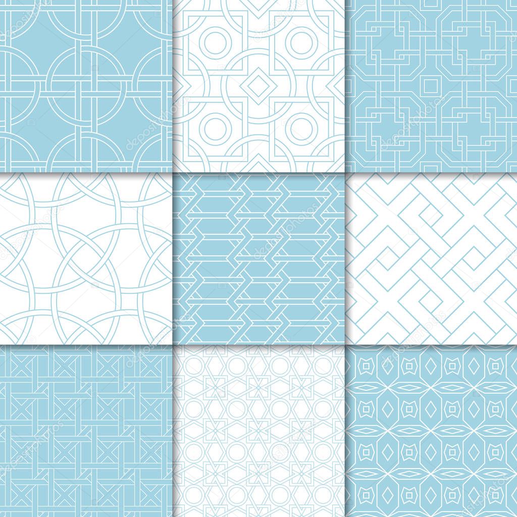 Blue and white geometric ornaments. Collection of seamless patterns for web, textile and wallpapers