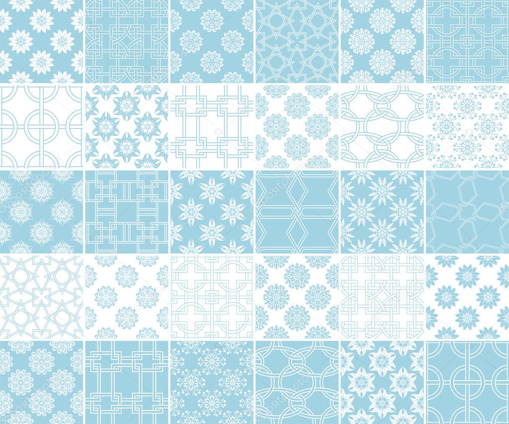 Geometric and floral collection of seamless patterns. Blue and white backgrounds for textile and wallpapers
