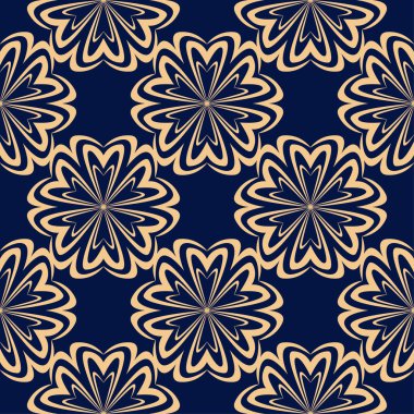 Koyu mavi zemin üzerine altın çiçek süsleme. Tekstil ve duvar kağıtları için seamless modeli