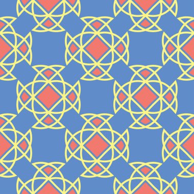 Mavi geometrik sorunsuz arka plan. Tasarım duvar kağıtları, Tekstil ve kumaş kırmızı ve sarı desenli parlak çok renkli