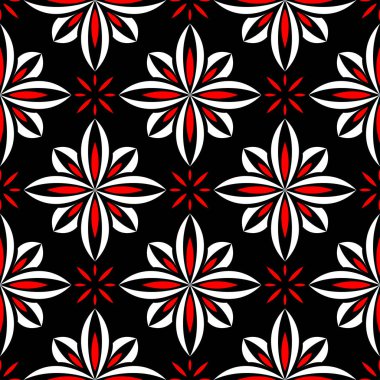 Sorunsuz çiçek desenli. Siyah arka plan üzerinde öğeleri kırmızı ve beyaz.
