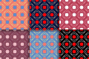 Kesintisiz geometrik desenler. Tekstil, kumaş veya duvar kağıtları için renkli arka planlar topluluğu