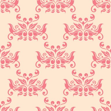 Bej renkli arka plan üzerinde kırmızı çiçekli süs. Tekstil ve duvar kağıtları için seamless modeli