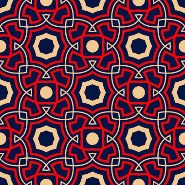 Geometrik seamless modeli. Duvar kağıtları, Tekstil ve kumaş için mavi arka plan üzerinde renkli kırmızı ve bej tasarım