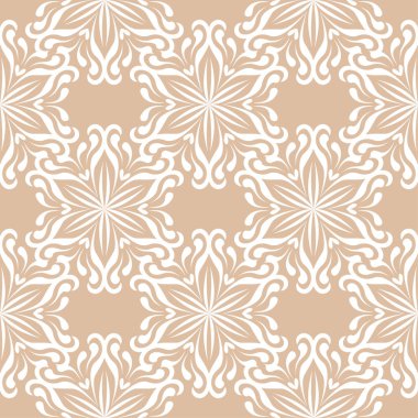 Bej renkli arka plan üzerinde beyaz çiçek süsleme. Tekstil ve duvar kağıtları için seamless modeli