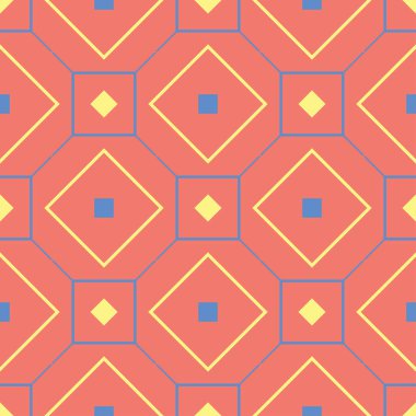 Geometrik kırmızı turuncu seamless modeli. Parlak arka plan duvar kağıtları, Tekstil ve kumaş için mavi ve sarı tasarımı ile