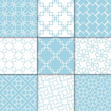 Mavi ve beyaz geometrik süsler. Web, Tekstil ve duvar kağıtları için dikişsiz desen koleksiyonu