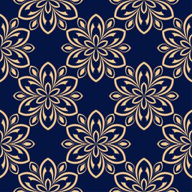 Koyu mavi zemin üzerine altın çiçek süsleme. Tekstil ve duvar kağıtları için seamless modeli