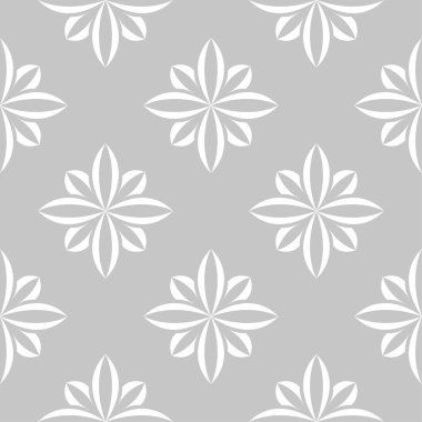 Gri arka plan üzerinde beyaz çiçekler. Tekstil ve duvar kağıtları için süs seamless modeli