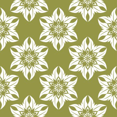 Zeytin yeşil zemin üzerine beyaz çiçek süsleme. Tekstil ve duvar kağıtları için seamless modeli