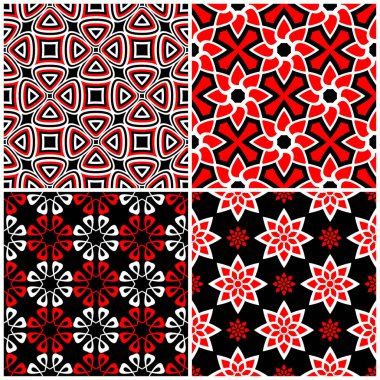 Sorunsuz arka planlar. Siyah beyaz ve kırmızı klasik duvar kağıtları, Tekstil ve kumaş çiçek desenleri ile ayarlar