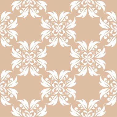 Bej renkli arka plan üzerinde beyaz çiçek süsleme. Tekstil ve duvar kağıtları için seamless modeli