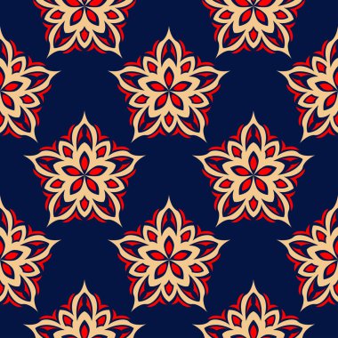 Çiçek sorunsuz arka plan. Duvar kağıtları, Tekstil ve kumaş için mavi arka plan üzerinde kırmızı ve bej çiçek öğeleri