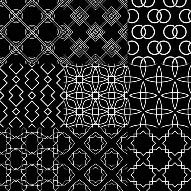 Siyah ve beyaz geometrik süsler. Web, Tekstil ve duvar kağıtları için klasik Dikişsiz desen koleksiyonu