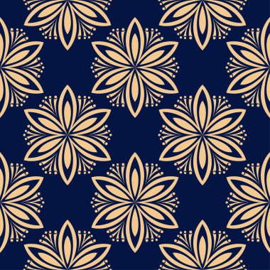 Koyu mavi zemin üzerine altın çiçek tasarım. Tekstil ve duvar kağıtları için seamless modeli