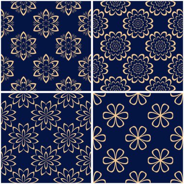 Çiçek desenleri. Altın mavi sorunsuz arka planlar kümesi. Vektör illustraton