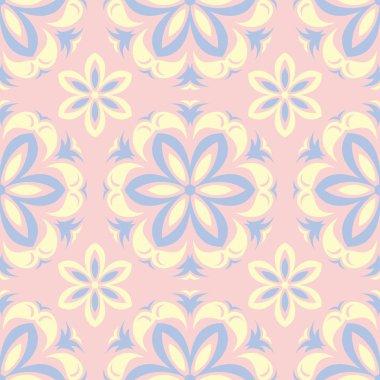 Çiçek seamless modeli. Soluk pembe arka plan duvar kağıtları, Tekstil ve kumaş için ışık mavi ve sarı çiçek öğeleri