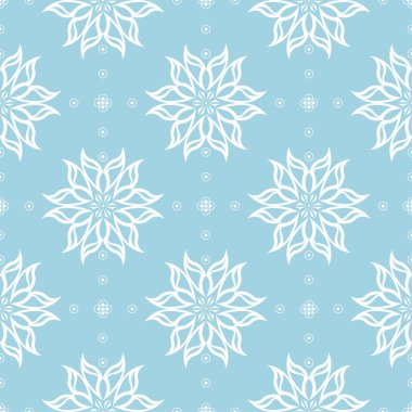 Mavi zemin üzerine beyaz çiçek süsleme. Tekstil ve duvar kağıtları için seamless modeli