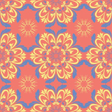 Çiçek seamless modeli. Parlak pembe turuncu arka plan duvar kağıtları, Tekstil ve kumaş için sarı ve mavi çiçek öğeleri ile