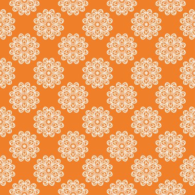 Turuncu zemin üzerine beyaz çiçek süsleme. Tekstil ve duvar kağıtları için seamless modeli