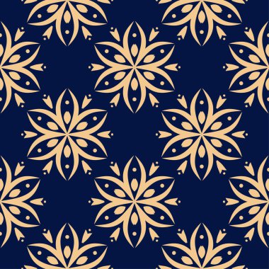 Koyu mavi zemin üzerine altın çiçek süsleme. Tekstil ve duvar kağıtları için seamless modeli