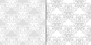 Işık gri ve beyaz çiçekli süsler. Tekstil ve duvar kağıtları için dikişsiz desen seti