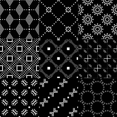Siyah ve beyaz geometrik süsler. Web, Tekstil ve duvar kağıtları için klasik Dikişsiz desen koleksiyonu