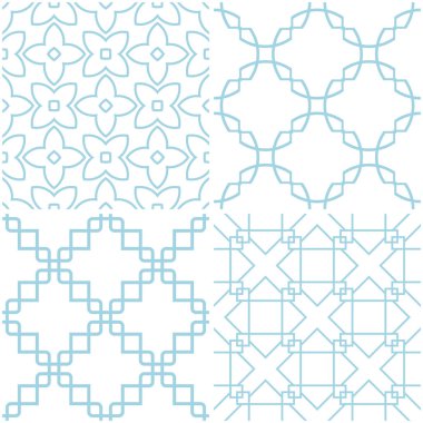 Geometrik desenler. Beyaz mavi öğeleri kümesi. Sorunsuz arka planlar. Vektör çizim