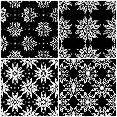 Çiçek desenleri. Siyah beyaz tek renkli kesintisiz arka planlar kümesi. Vektör çizim