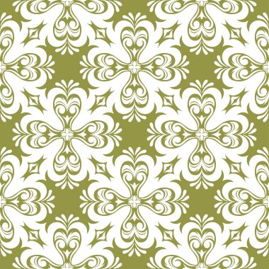 Zeytin yeşil zemin üzerine beyaz çiçek süsleme. Tekstil ve duvar kağıtları için seamless modeli