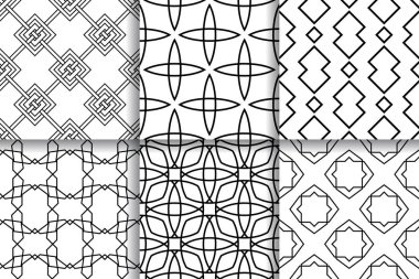 Kesintisiz geometrik desenler. Tekstil, kumaş veya duvar kağıtları için koleksiyon siyah ve beyaz arka plan