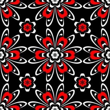 Siyah kırmızı ve beyaz çiçek seamless modeli. Duvar kağıdı, Tekstil ve kumaş arka plan