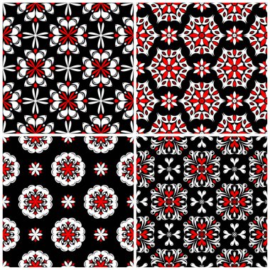 Sorunsuz arka planlar. Siyah beyaz ve kırmızı klasik duvar kağıtları, Tekstil ve kumaş çiçek desenleri ile ayarlar